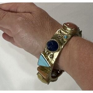 Chico's Gold Tone Statement Cuff Bracelet Cutout Gemstone Festival Natural